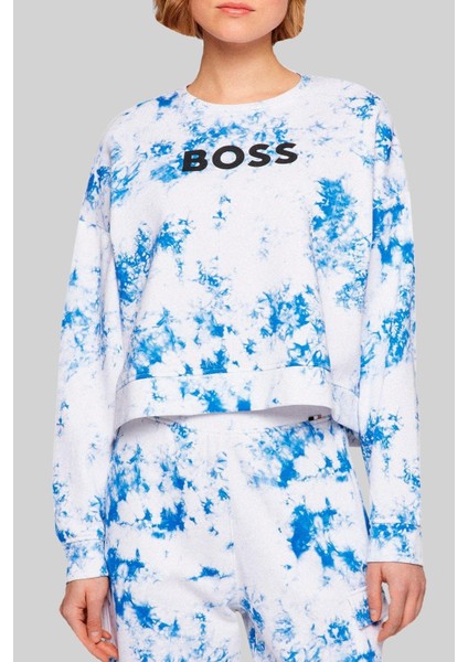 Yuvarlak Yakalı Logolu Batik Desenli Kadın Sweatshirt Lacivert