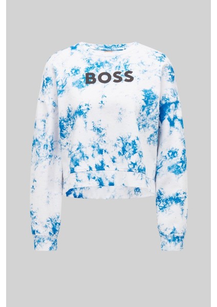 Yuvarlak Yakalı Logolu Batik Desenli Kadın Sweatshirt Lacivert