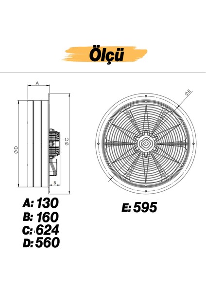 Havalandırma Aspiratörü Fanı 220 W Monofaze Kirli Hava Kötü Koku Tahliye Metal Fan Vantilatör 560 mm