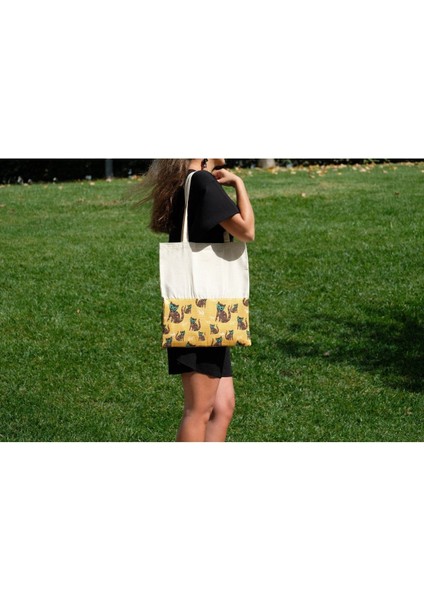 Renkli kedi desenli kanvas çanta, iç cepli ve cırtlı, 36x40 cm, beyaz fiyatları