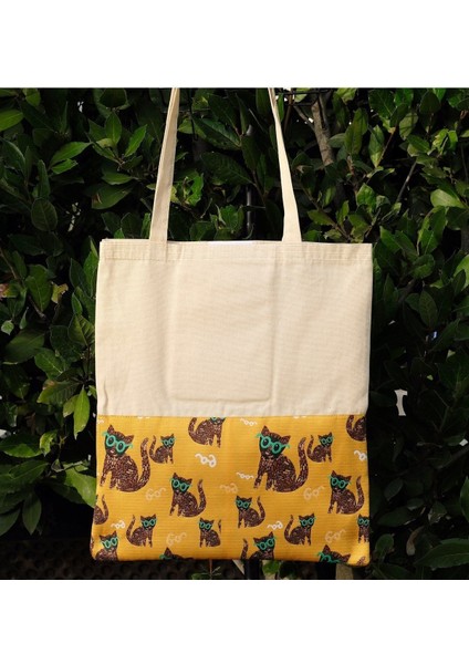 Renkli kedi desenli kanvas çanta, iç cepli ve cırtlı, 36x40 cm, beyaz fırsatları