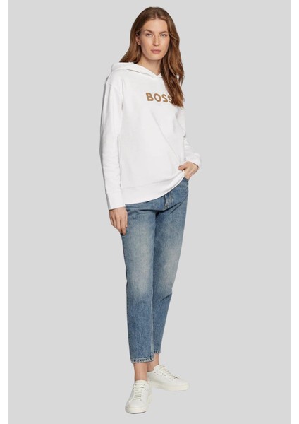 Baskılı Kapüşonlu Kadın Sweatshirt Beyaz
