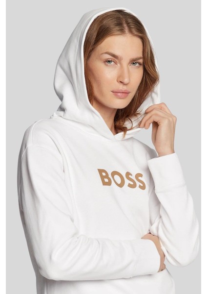 Baskılı Kapüşonlu Kadın Sweatshirt Beyaz