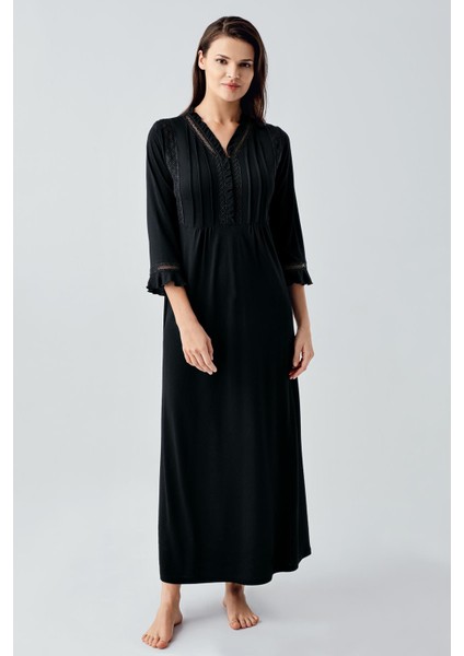 Dantelli Düğmeli Uzun Kollu Esnek Viskoz Gecelik 17110