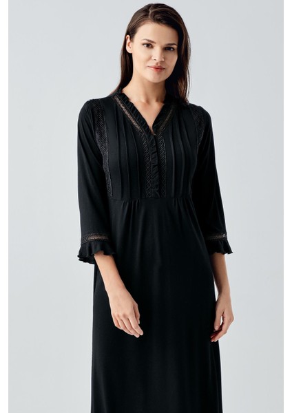 Dantelli Düğmeli Uzun Kollu Esnek Viskoz Gecelik 17110 fiyatları