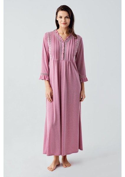 Dantelli Düğmeli Uzun Kollu Esnek Viskoz Gecelik 17110