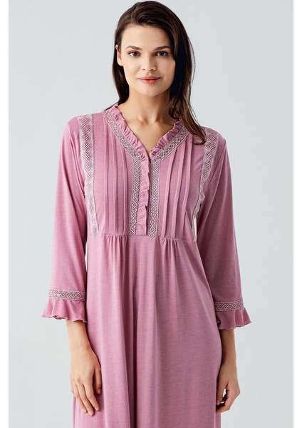 Dantelli Düğmeli Uzun Kollu Esnek Viskoz Gecelik 17110 fiyatları