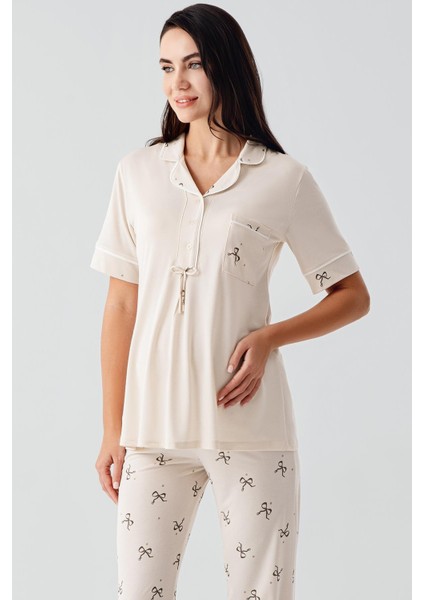 Fiyonk Desenli Düğmeli Kısa Kollu Esnek Viskoz Hamile Pijama Takım 17207 fiyatları