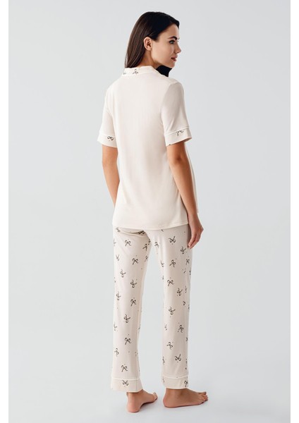 Fiyonk Desenli Düğmeli Kısa Kollu Esnek Viskoz Hamile Pijama Takım 17207 modelleri