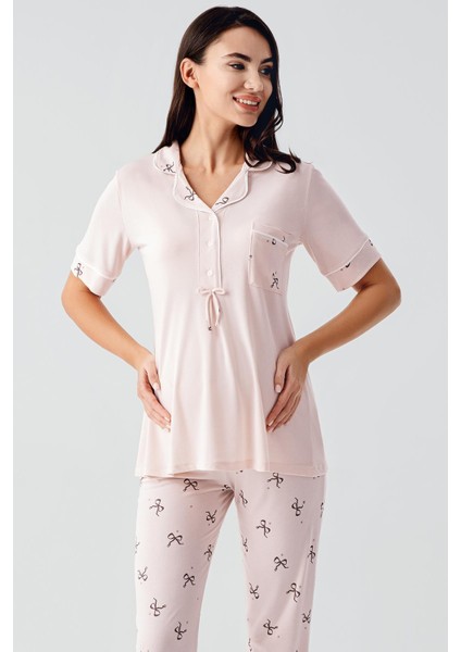 Fiyonk Desenli Düğmeli Kısa Kollu Esnek Viskoz Hamile Pijama Takım 17207 fiyatları