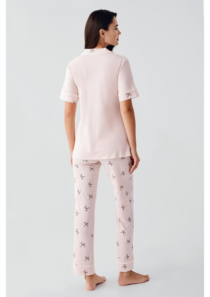 Fiyonk Desenli Düğmeli Kısa Kollu Esnek Viskoz Hamile Pijama Takım 17207 modelleri