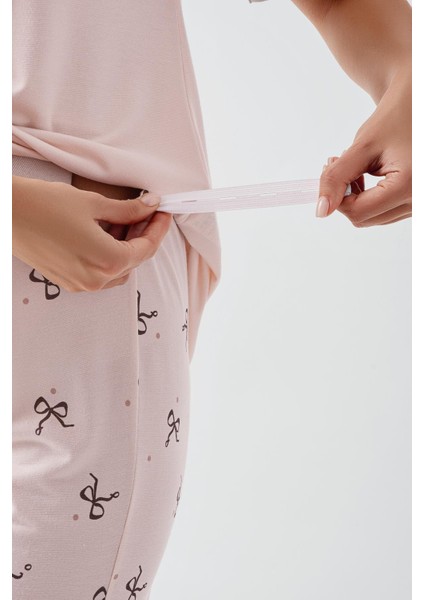 Fiyonk Desenli Düğmeli Kısa Kollu Esnek Viskoz Hamile Pijama Takım 17207 fırsatları