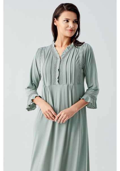 Dantelli Düğmeli Uzun Kollu Esnek Viskoz Gecelik 17110 fiyatları