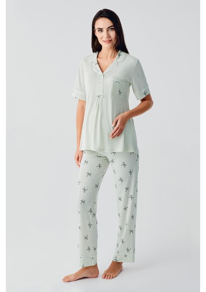 Fiyonk Desenli Düğmeli Kısa Kollu Esnek Viskoz Hamile Pijama Takım 17207