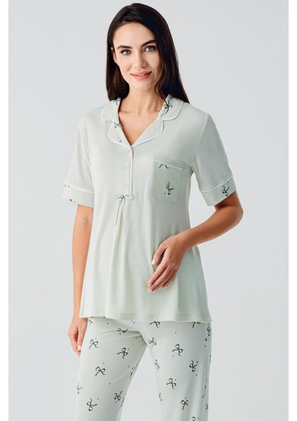 Fiyonk Desenli Düğmeli Kısa Kollu Esnek Viskoz Hamile Pijama Takım 17207 fiyatları