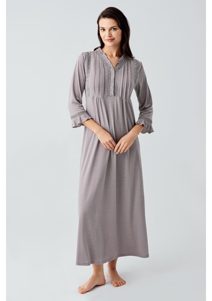 Dantelli Düğmeli Uzun Kollu Esnek Viskoz Gecelik 17110