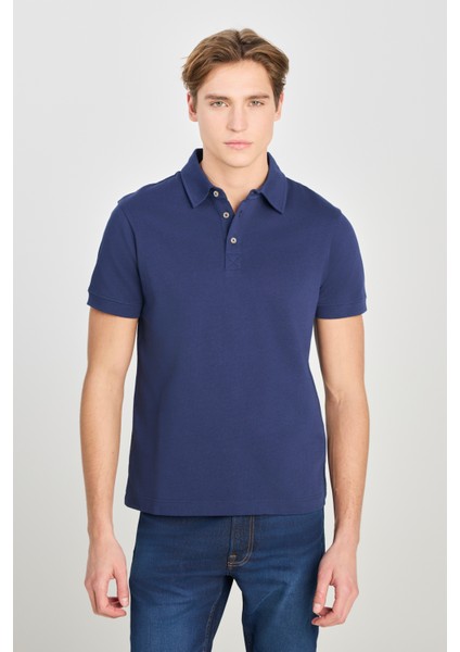 %100 Pamuk Regular Fit Normal Kesim Lacivert Polo Yaka Tişört