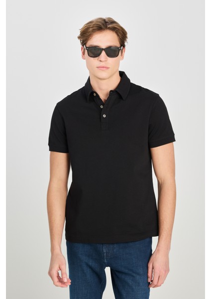 %100 Pamuk Regular Fit Normal Kesim Siyah Polo Yaka Tişört