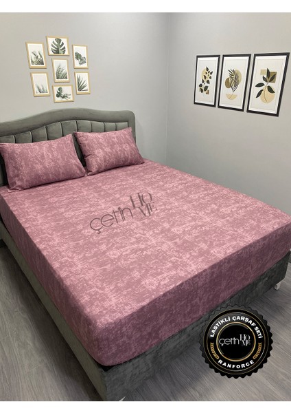 Kumaş Lastikli Çarşaf Seti Çift Kişilik ve Battal Boy Gölge Gül Kurusu 160 x 200