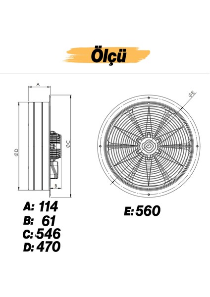 Havalandırma Aspiratörü Fanı 200 W Monofaze Kirli Hava Kötü Koku Tahliye Metal Fan Vantilatör 450 mm