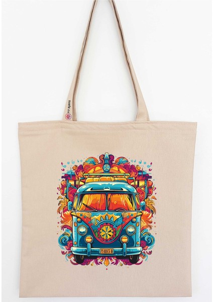 Şık ve hafif keten bez çanta, kamp ve karavan temalı, bej renk seçeneği