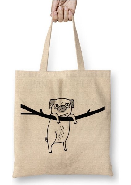 Sevimli Pug Köpek Bez Çanta, Uzun Sap, Krem Renk, Şık ve Pratik Tasarım