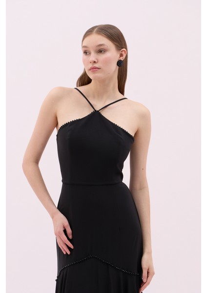 Halter Yaka Boncuklu Maksi Boy Elbise Siyah Y2511323_001 modelleri