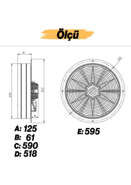 Havalandırma Aspiratörü Fanı 230 W Monofaze Kirli Hava Kötü Koku Tahliye Metal Fan 500 mm Vantilatör