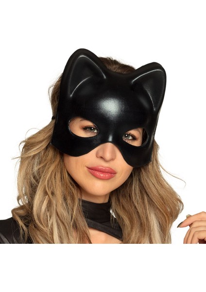 Siyah Deri Görünümlü Kedi Maskesi - Cosplay &amp; Maskeli Balo (4172)