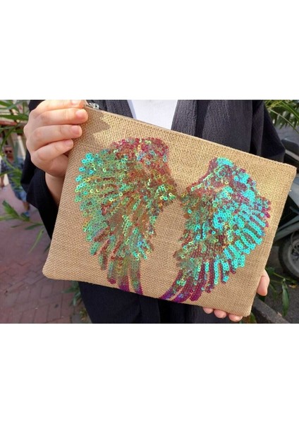 Renkli Kanat Desenli Payet El Çantası, Şık ve Gösterişli Tasarım