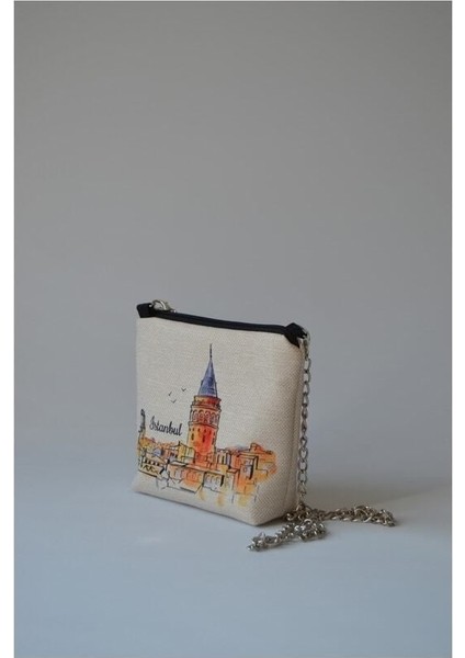 Renkli İstanbul desenli zincir askılı şık taşınabilir küçük çanta