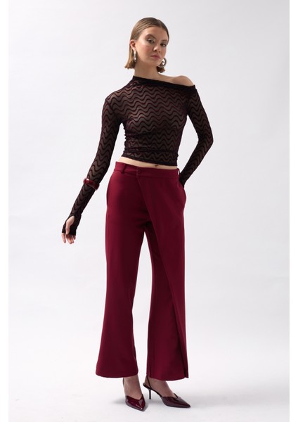 Anvelop Detay Asimetrik Bordo Pantolon