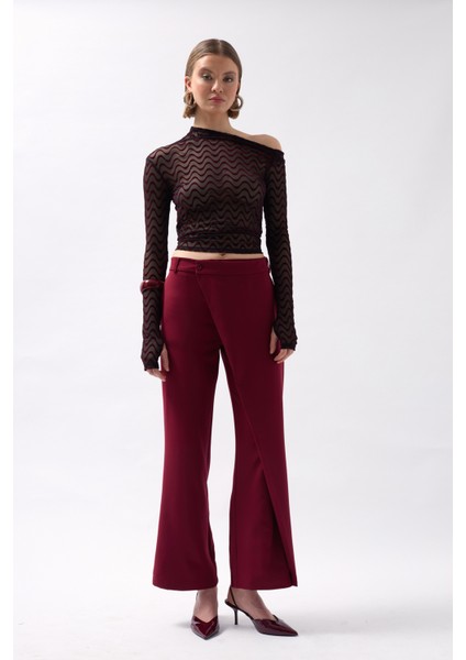 Anvelop Detay Asimetrik Bordo Pantolon