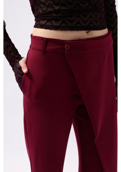 Anvelop Detay Asimetrik Bordo Pantolon