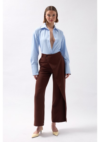 Anvelop Detay Asimetrik Kahverengi Pantolon modelleri