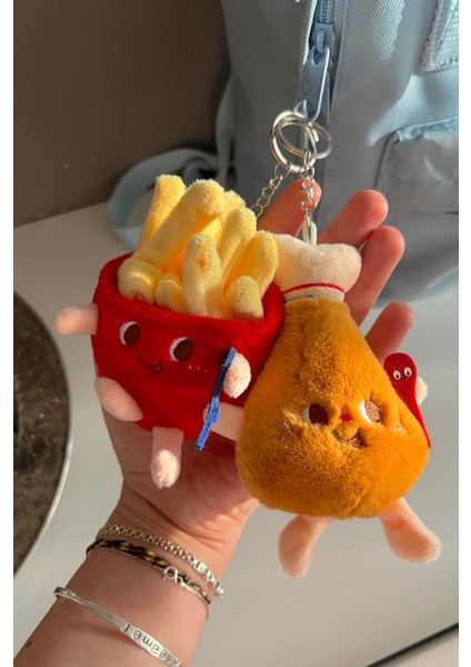 2'li Set Patates Kızartması ve Tavuk But Şeklinde Eğlenceli Peluş Anahtarlık /2 Adet Çanta Süsü Set