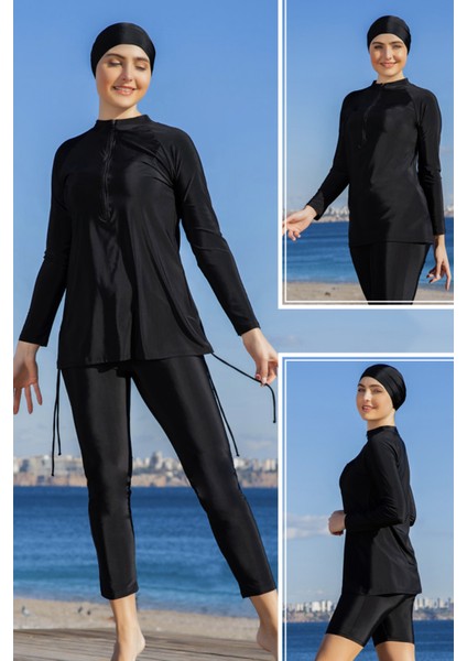 2 Farklı Şekilde Giyilebilir Likralı Tam Kapalı Tesettür Mayo 2413-1 Siyah