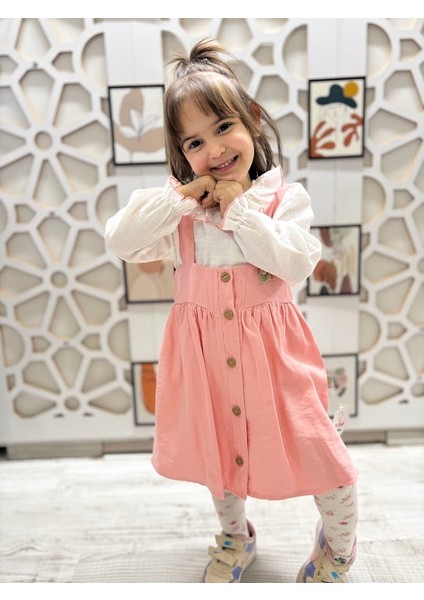 Kız Çocuk Gömlekli Bebe Yakalı Pembe Salopet Elbise