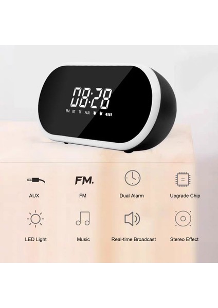 BT2280 Çalar Saat Bluetooth Hoparlör LED Ekran Çift Alarm Işık Ayarlı USB Yatak Başı Seyahat (Yurt Dışından)
