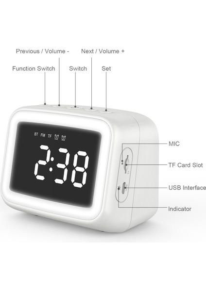 BT511 Bluetooth Hoparlörlü Alarmlı Saat, Fm Radyo, LED Gece Lambası Şarj Edilebilir (Yurt Dışından)
