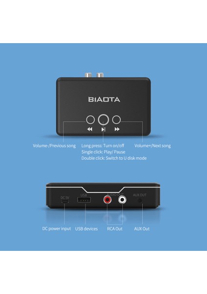 Bt5.0 Ses Alıcı Aux Rca USB Çalma Ev ve Araç Stereo Siyah (Yurt Dışından)
