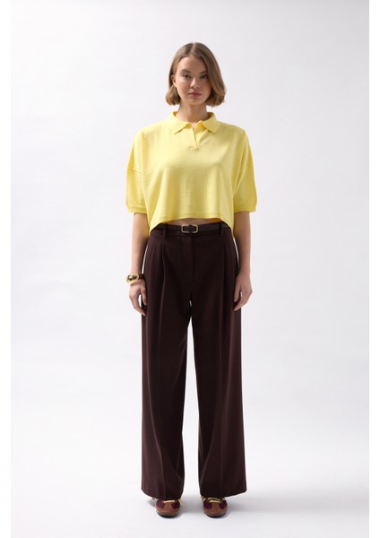 Polo Yaka Crop Dokulu Sarı Bluz fiyatları
