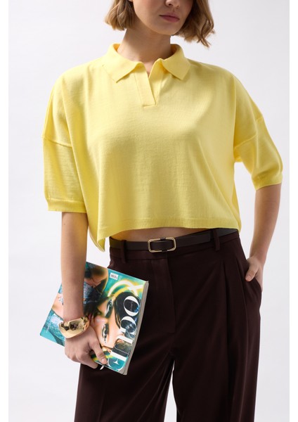 Polo Yaka Crop Dokulu Sarı Bluz indirimleri