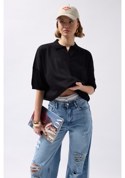 Polo Yaka Crop Dokulu Siyah Bluz
