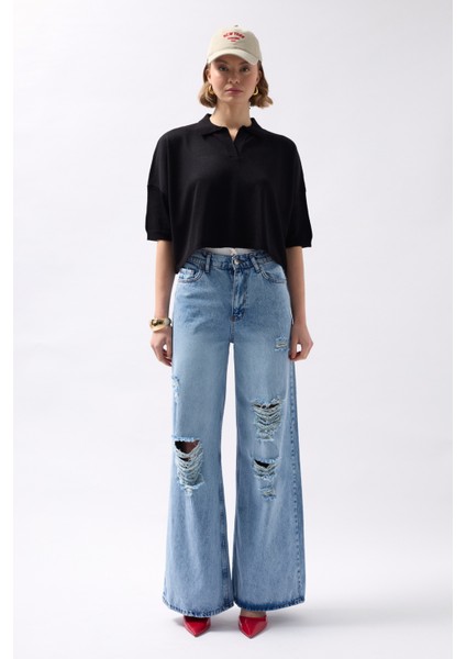 Polo Yaka Crop Dokulu Siyah Bluz fiyatları