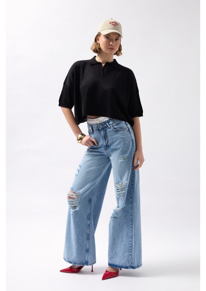 Polo Yaka Crop Dokulu Siyah Bluz modelleri