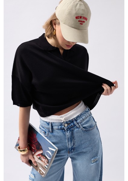 Polo Yaka Crop Dokulu Siyah Bluz fırsatları