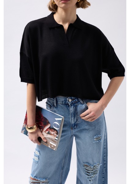 Polo Yaka Crop Dokulu Siyah Bluz indirimleri