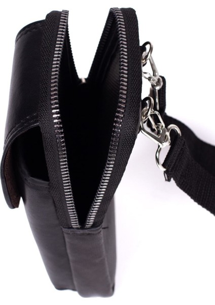 Erkek Hakiki Deri Telefon Bölmeli, Omuz Askılı Çanta ve Kemerlik Mıknatıslı Kapak . Siyah Renk modelleri