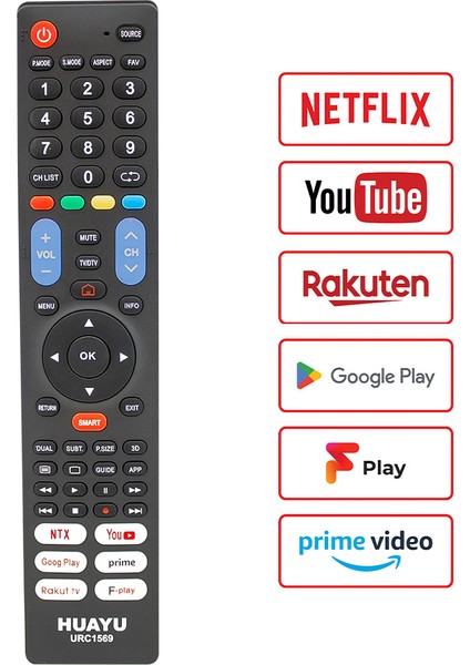 Hpy Y URC1569 Netflıx-Youtube-Prıme Vıdeo-Google Play-Rakuten Tuşlu 7ın1 Universal LCD LED Tv Kumanda